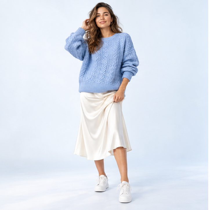 01-Cable-Knit-Sweater-and-Satin-Midi-Skirt